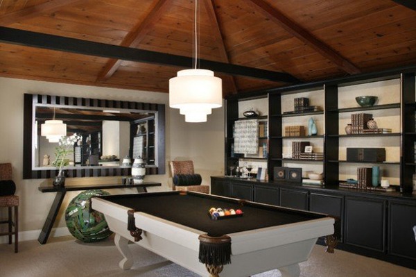 small pool room with vaulted ceiling