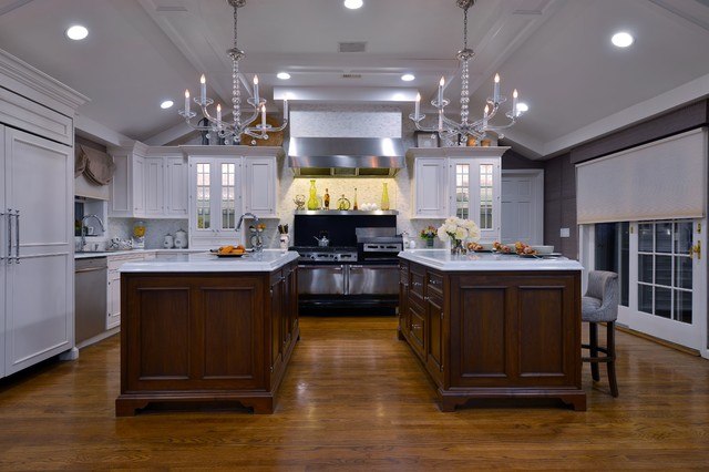 large kitchen with double island