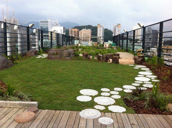 rooftop garden with stone path