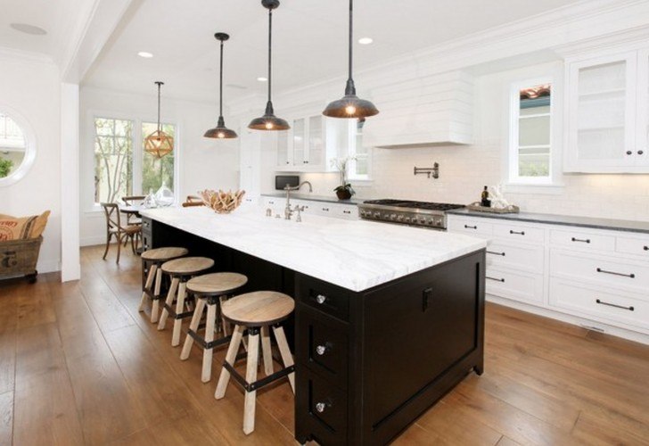 stunning kitchen with hanging lamps