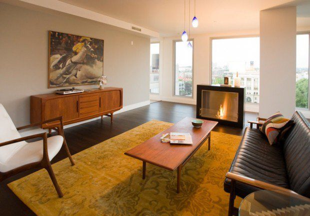 mid century modern living room with fireplace