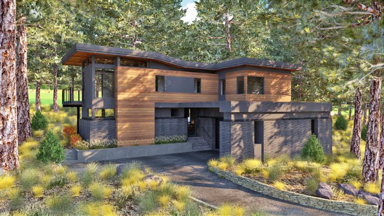 modern home with long driveway