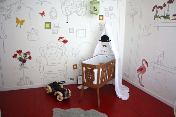 baby nursery with red carpet