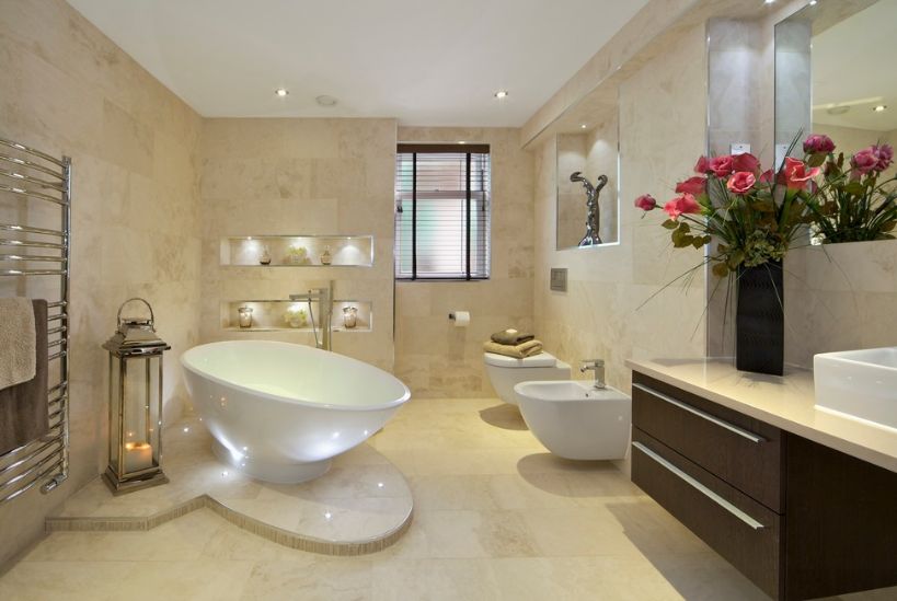 beautiful bathroom with large freestanding tub