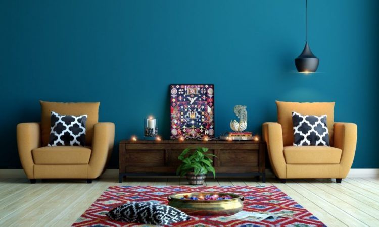 living room with bold blue wall