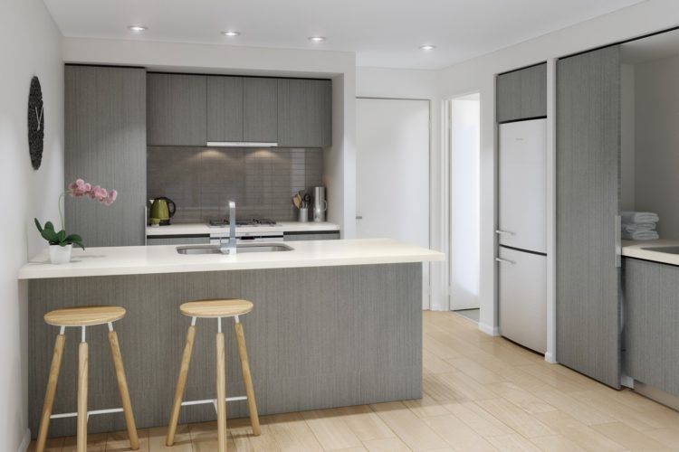 kitchen with wooden bar stools