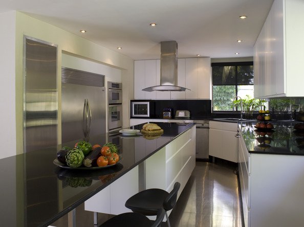 kitchen with black countertops