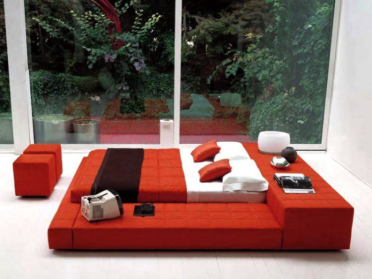 red and white bedroom design with large windows