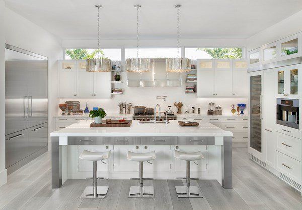 grey and white kitchen with grey floor