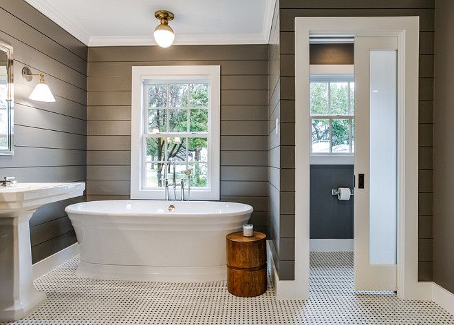 bathroom with nice shiplap walls