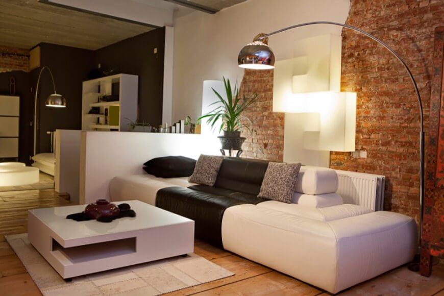 beautiful living room with brick