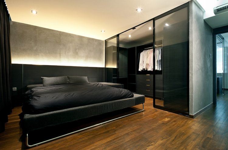 masculine bedroom with wood floor