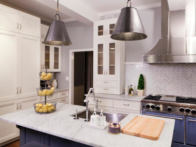 beautiful modern kitchen with black hanging lamps