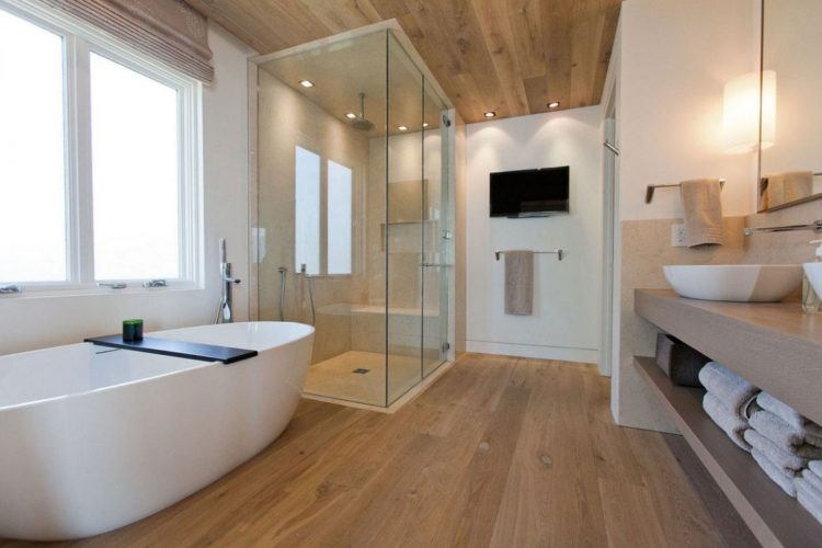 stylish wooden ceiling modern bathroom design