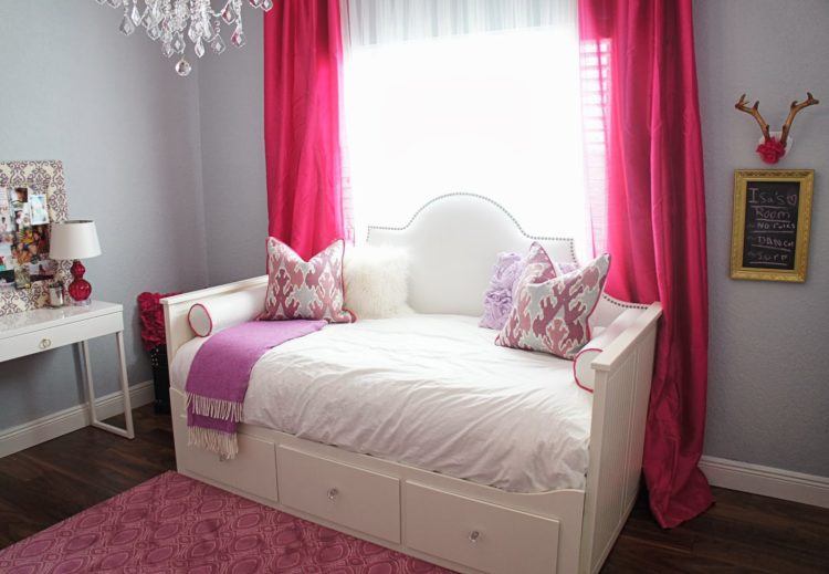 bedroom with pink curtains