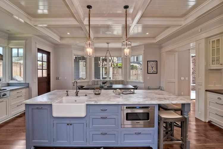 kitchen with blue island
