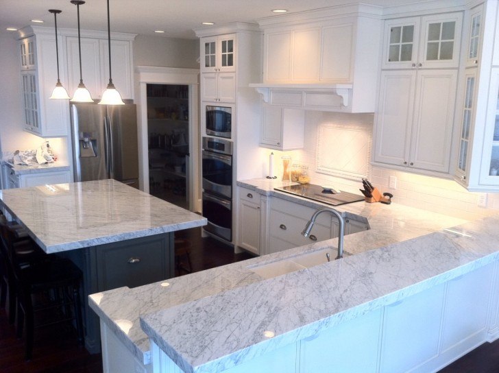 minimalist kitchen design with white marble countertops