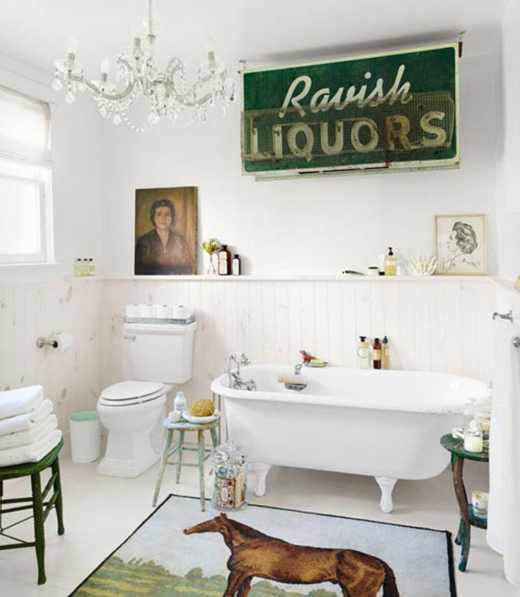 rustic bathroom with chandelier