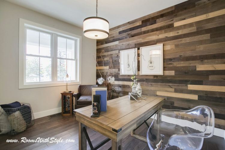 home office with shiplap accent wall