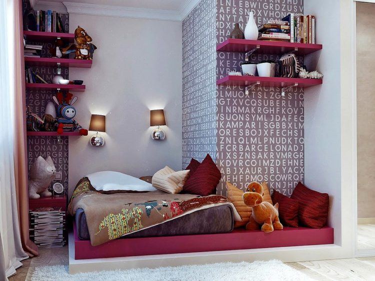 bedroom with floating shelves 