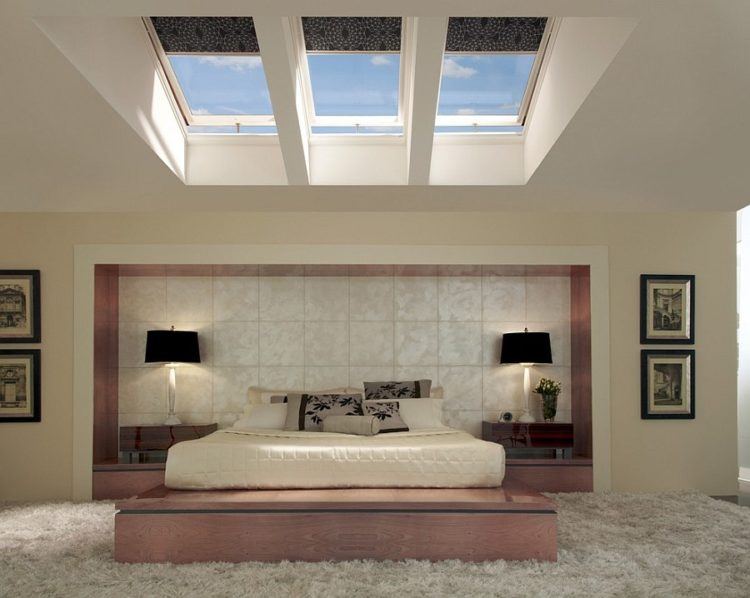 asian style bedroom with skylights