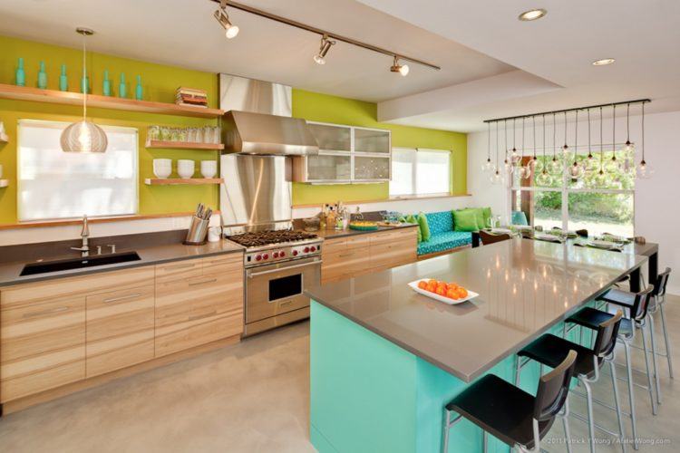 kitchen with turquoise island