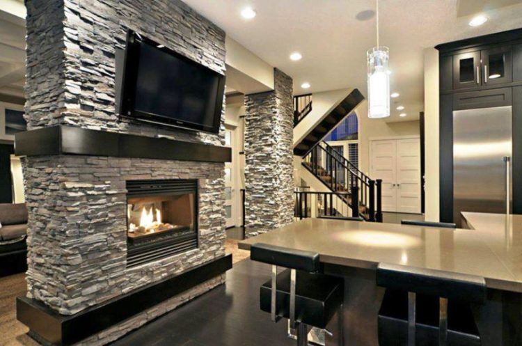 modern fireplace with stacked stone design