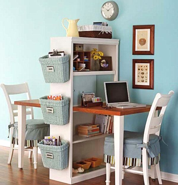 diy double wooden desk with shelves