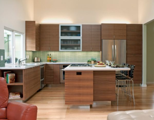 mid century modern kitchen with wood floor