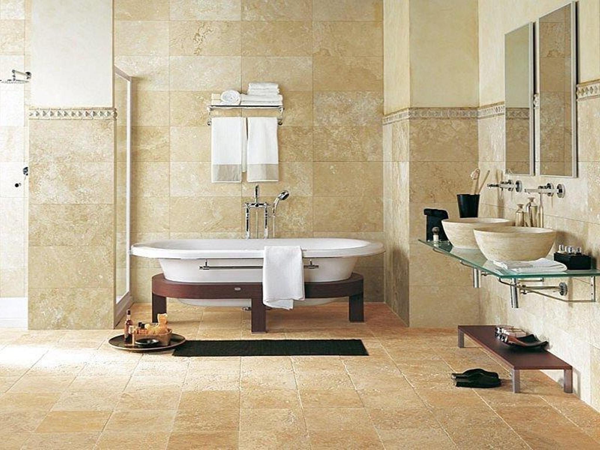 large bathroom with travertine tile