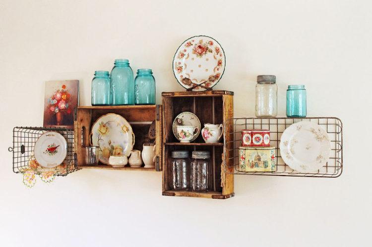 wooden and metal box shelves for kitchen wall