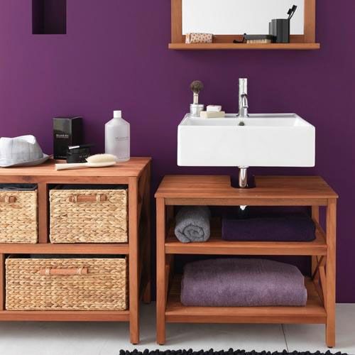 kitchen with purple wall and floating sink