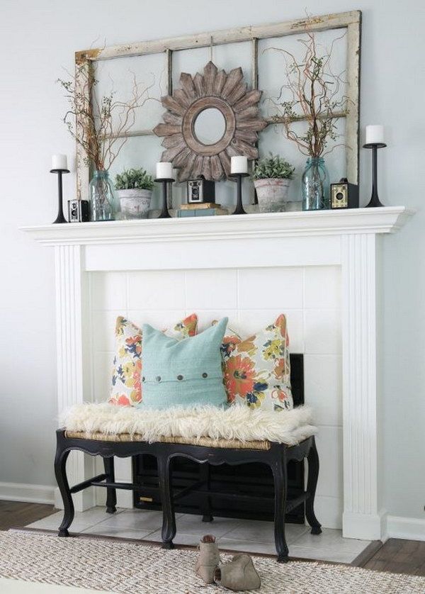 fireplace with mantel full of decorations