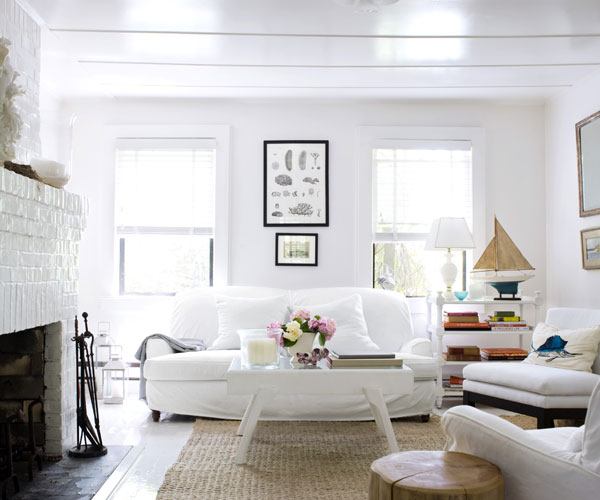 all white beach cottage living room