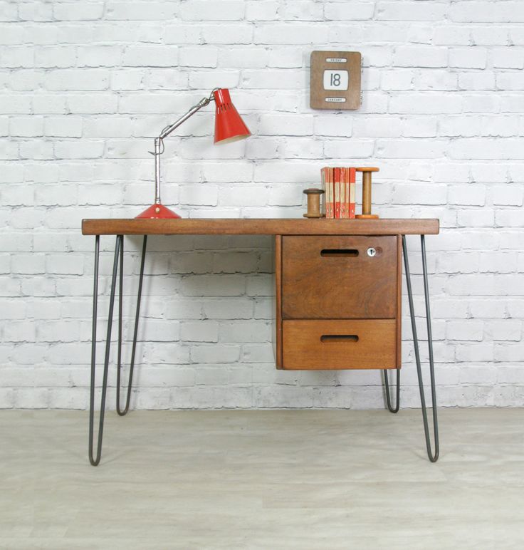 wooden desk with metal legs