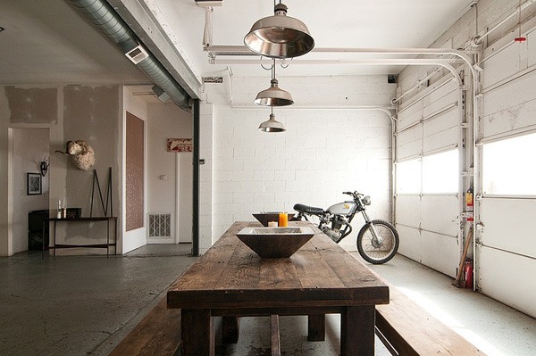 garage with hanging lamps