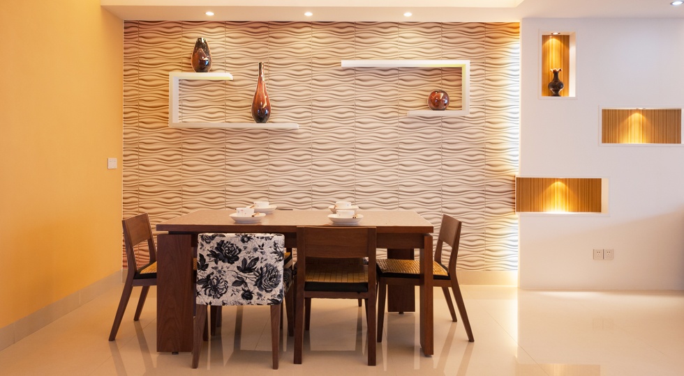 beautiful dining area with built-in shelving