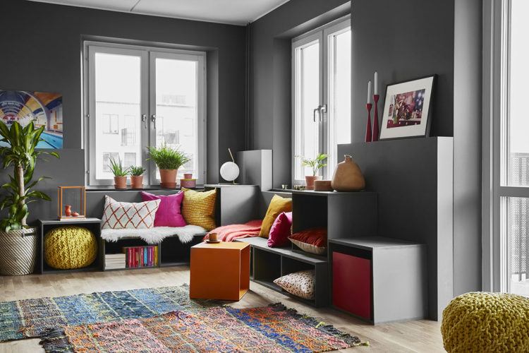 Colorful Living Room With Gray Walls