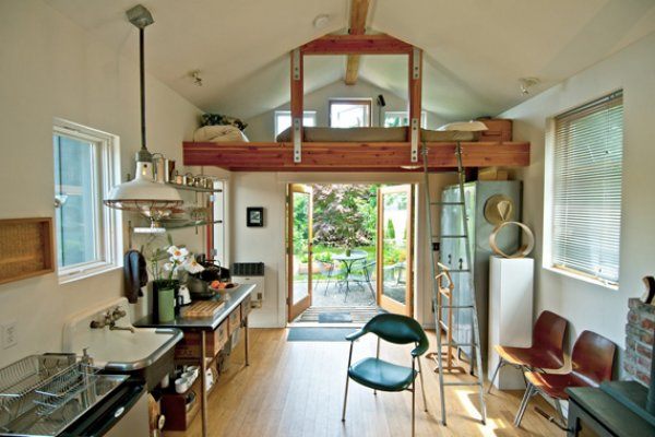 converted garage with arched ceiling