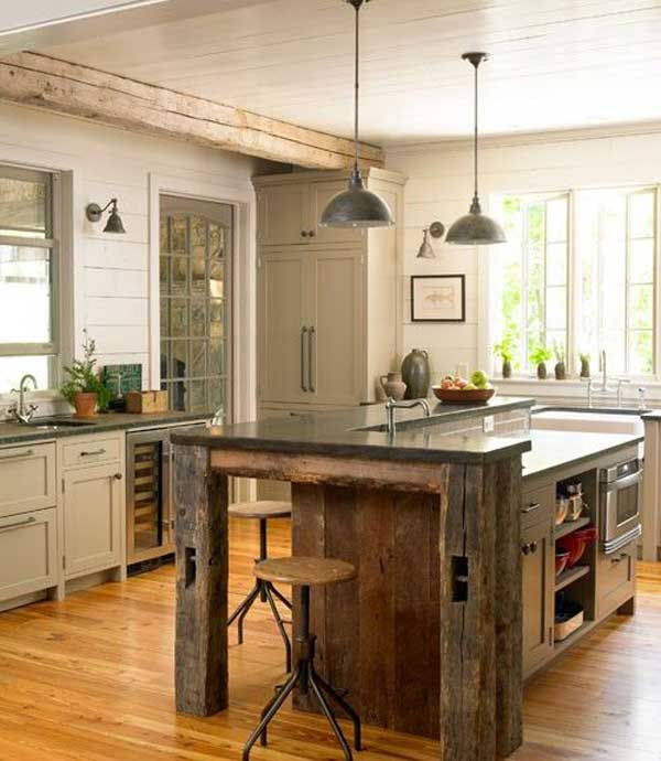 rustic kitchen with hanging lamps