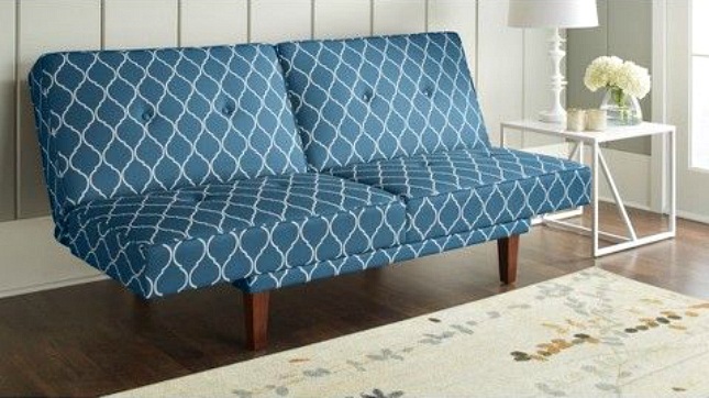 blue futon with white stripes