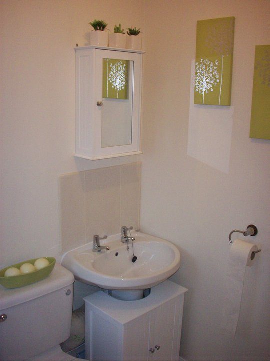 pedestal sink with cabinets underneath