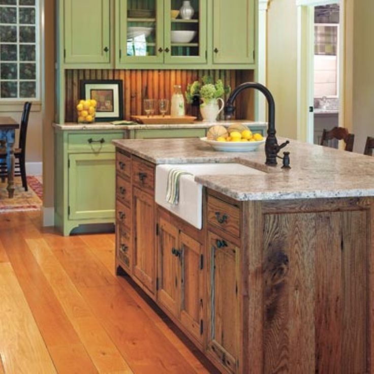 wooden kitchen island with marble countertop