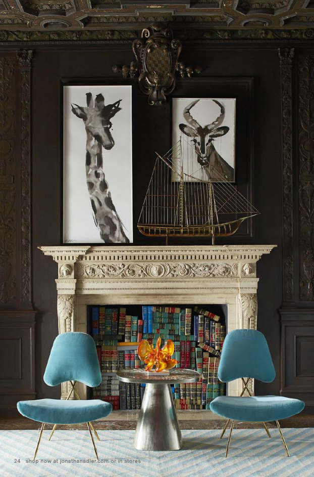 fireplace with giraffe decor