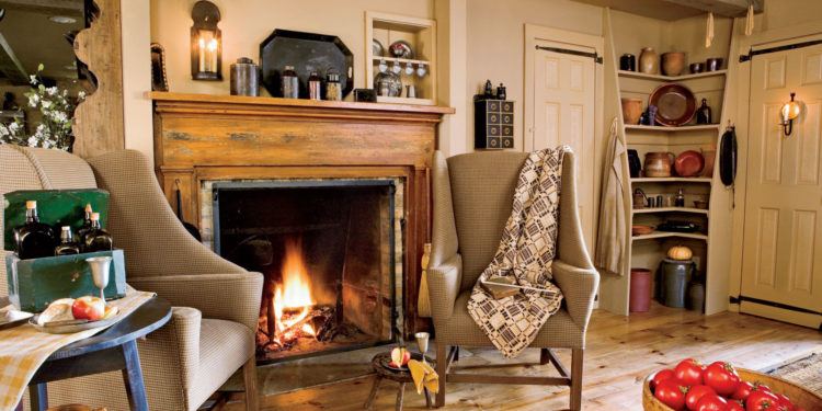 fireplace with wooden mantel 