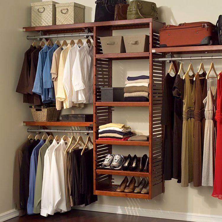 wooden closet organizer with shelves