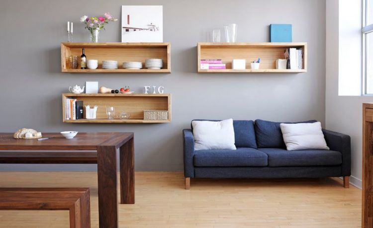 simple living room design with long box shelves