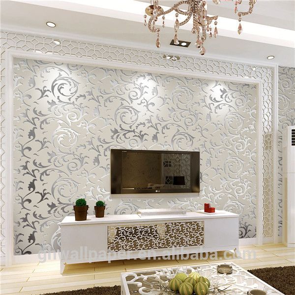 living room with silver metallic wallpaper