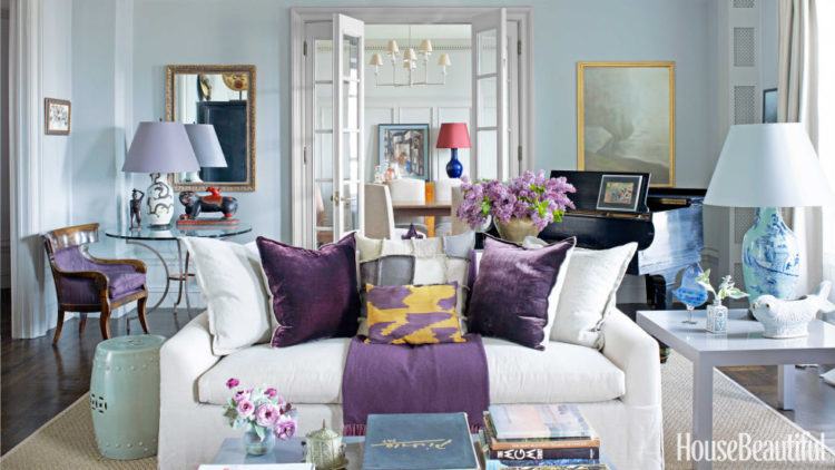 living room with powder blue walls