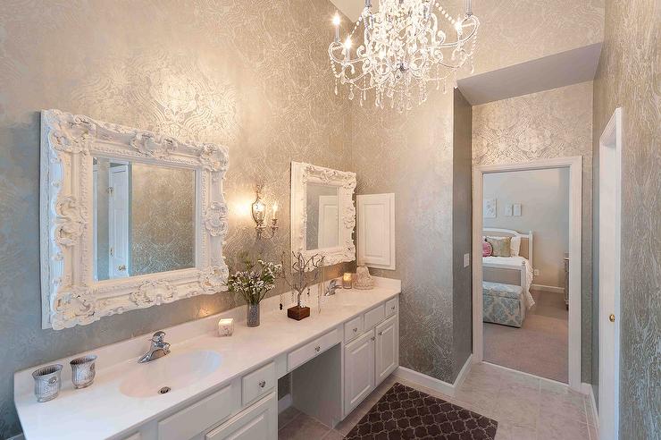 large bathroom with chandelier